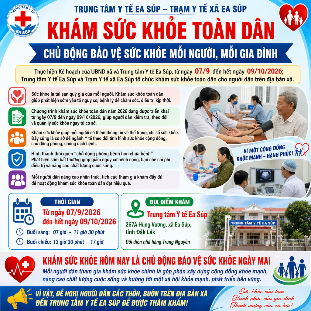 Khám sức khỏe toàn dân tại xã Ea Súp, Đắk Lắk 2026
